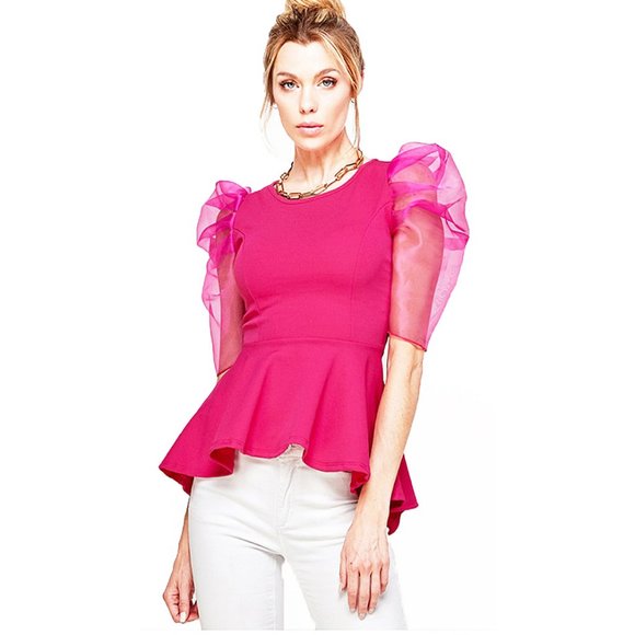 Retro Sheer Puff Romantic Fuchsia Blouse Top - Picture 2 of 6
